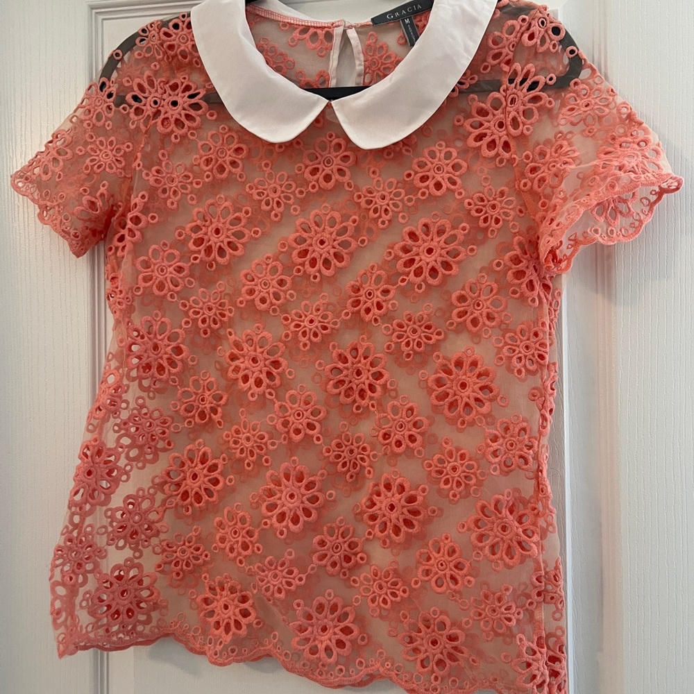 Coral Lace Top with White Collar